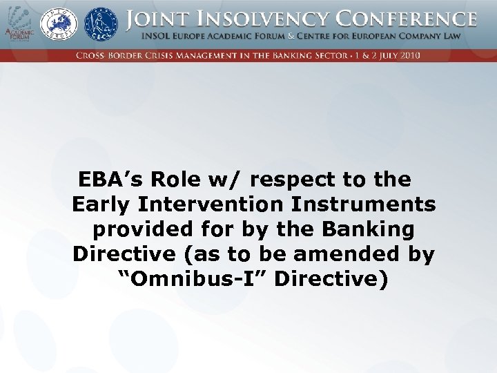EBA’s Role w/ respect to the Early Intervention Instruments provided for by the Banking