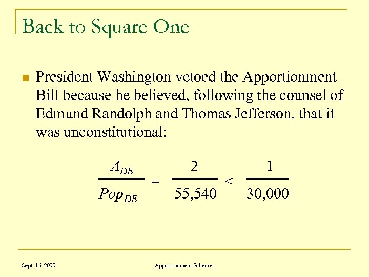 Back to Square One n President Washington vetoed the Apportionment Bill because he believed,
