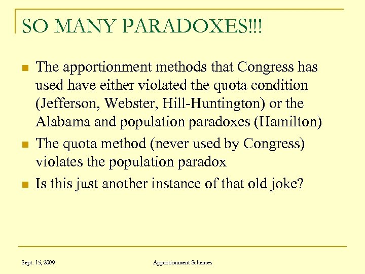 SO MANY PARADOXES!!! n n n The apportionment methods that Congress has used have