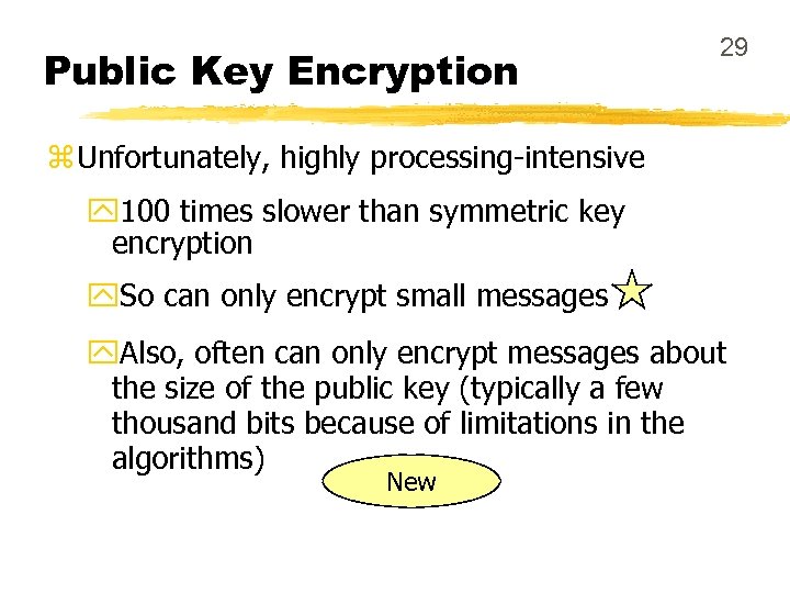 Public Key Encryption 29 z Unfortunately, highly processing-intensive y 100 times slower than symmetric