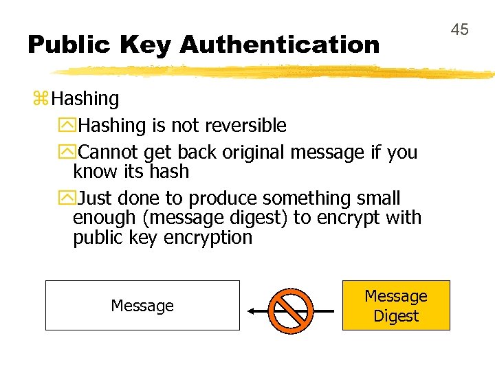 Public Key Authentication z Hashing y. Hashing is not reversible y. Cannot get back