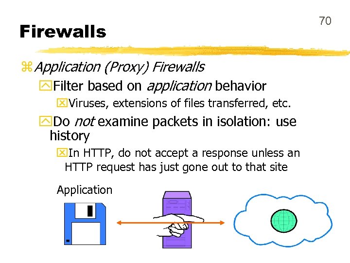 Firewalls z Application (Proxy) Firewalls y. Filter based on application behavior x. Viruses, extensions