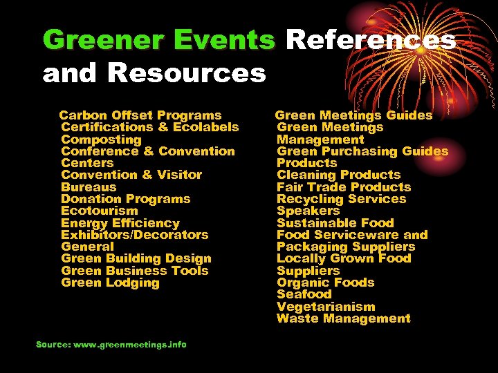 Greener Events References and Resources Carbon Offset Programs Certifications & Ecolabels Composting Conference &