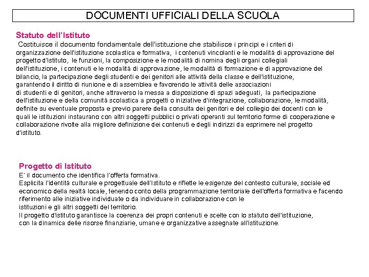 DOCUMENTI UFFICIALI DELLA SCUOLA Statuto dell’Istituto Costituisce il documento fondamentale dell'istituzione che stabilisce i