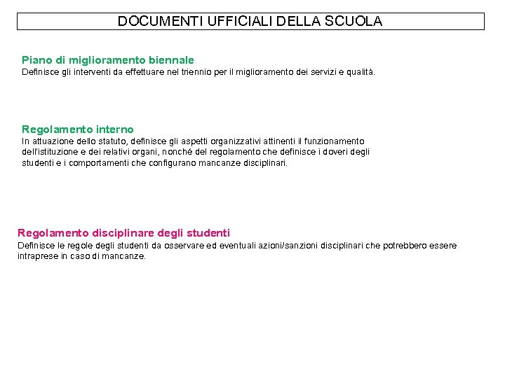 DOCUMENTI UFFICIALI DELLA SCUOLA Piano di miglioramento biennale Definisce gli interventi da effettuare nel