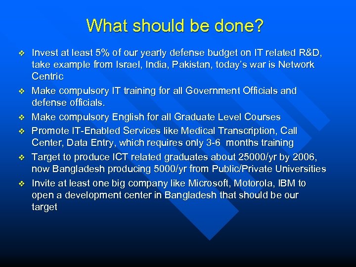 What should be done? v v v Invest at least 5% of our yearly