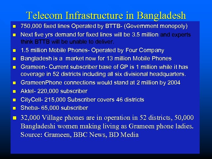Telecom Infrastructure in Bangladesh n n n n n 750, 000 fixed lines Operated