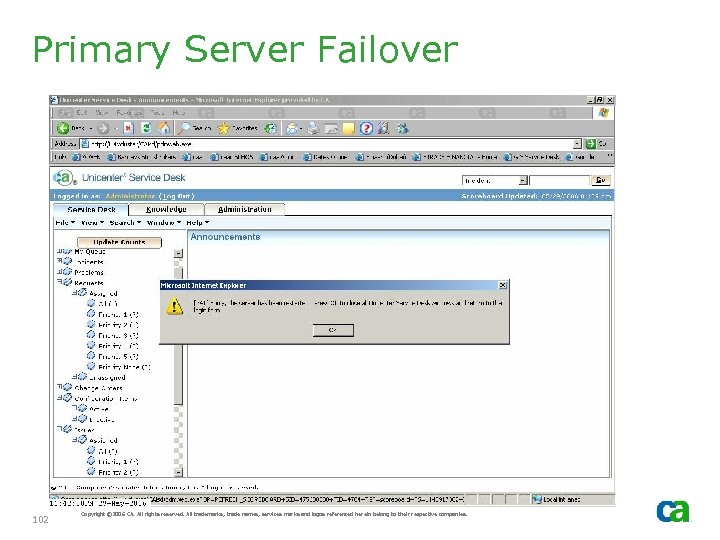 Primary Server Failover 102 Copyright © 2006 CA. All rights reserved. All trademarks, trade