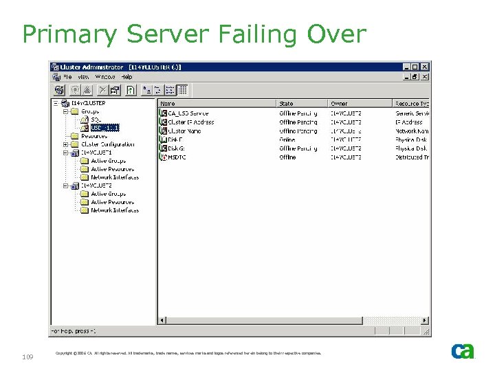 Primary Server Failing Over 109 Copyright © 2006 CA. All rights reserved. All trademarks,