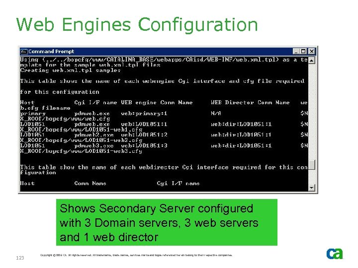 Web Engines Configuration Shows Secondary Server configured with 3 Domain servers, 3 web servers