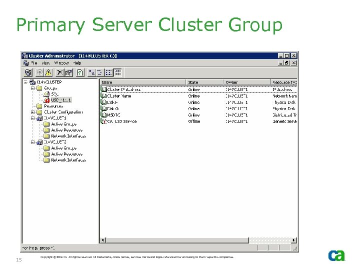 Primary Server Cluster Group 15 Copyright © 2006 CA. All rights reserved. All trademarks,