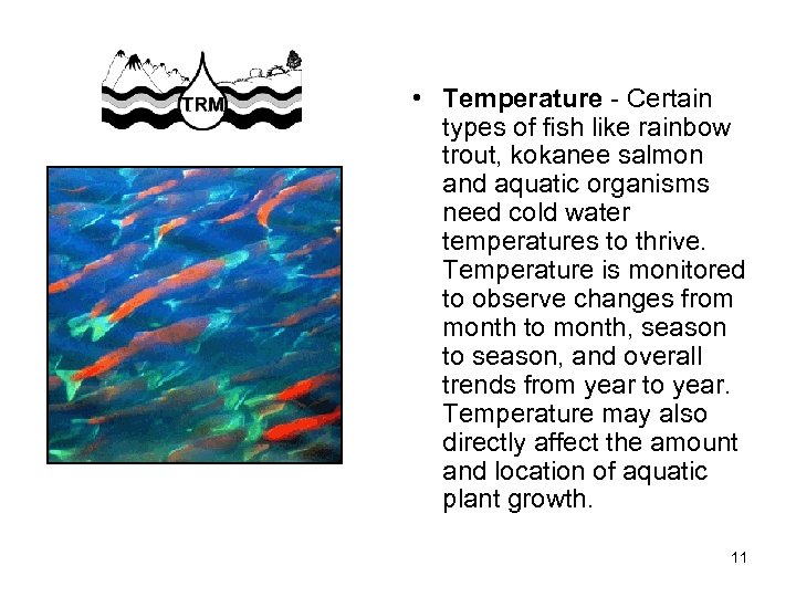  • Temperature - Certain types of fish like rainbow trout, kokanee salmon and