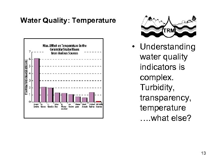 Water Quality: Temperature • Understanding water quality indicators is complex. Turbidity, transparency, temperature ….