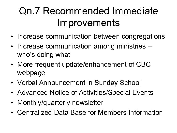 Qn. 7 Recommended Immediate Improvements • Increase communication between congregations • Increase communication among
