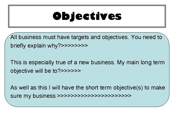 Objectives All business must have targets and objectives. You need to briefly explain why?