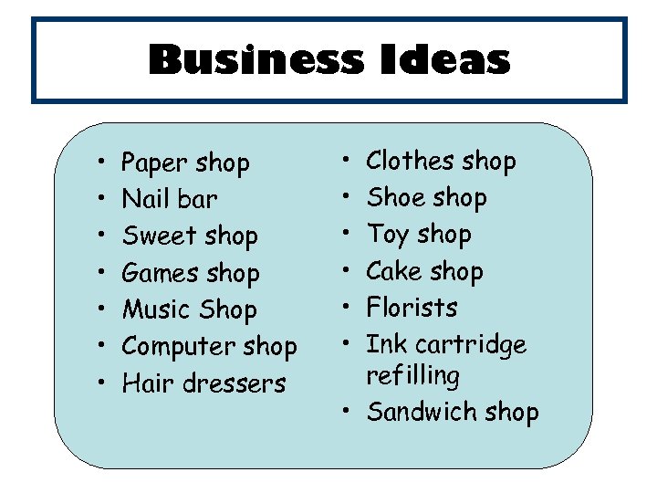 Business Ideas • • Paper shop Nail bar Sweet shop Games shop Music Shop