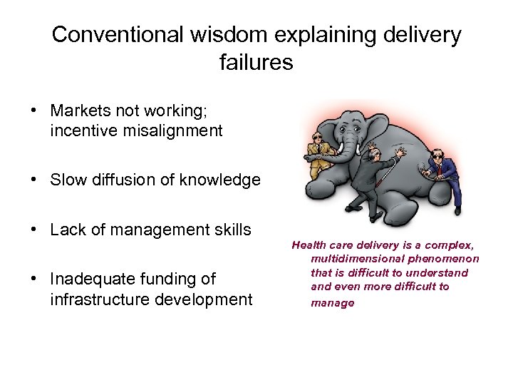 Conventional wisdom explaining delivery failures • Markets not working; incentive misalignment • Slow diffusion
