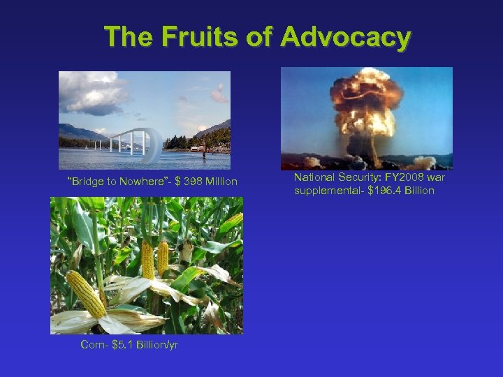 The Fruits of Advocacy “Bridge to Nowhere”- $ 398 Million Corn- $5. 1 Billion/yr