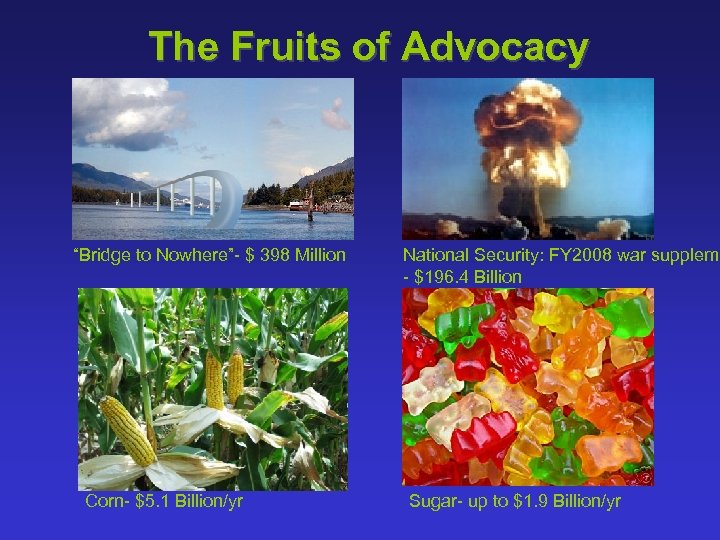 The Fruits of Advocacy “Bridge to Nowhere”- $ 398 Million Corn- $5. 1 Billion/yr