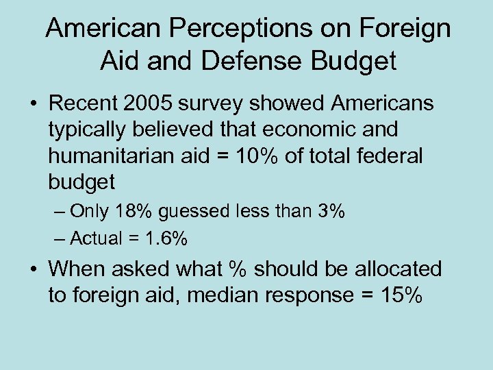 American Perceptions on Foreign Aid and Defense Budget • Recent 2005 survey showed Americans