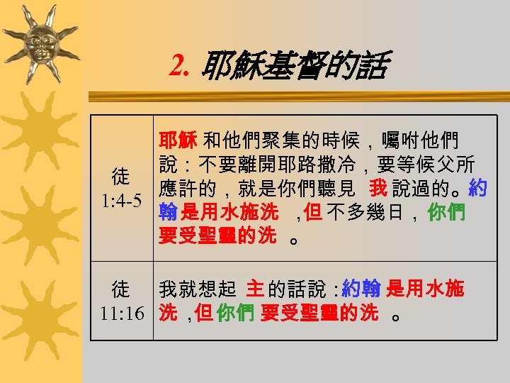 2. 耶穌基督的話 耶穌 和他們聚集的時候，囑咐他們 說：不要離開耶路撒冷，要等候父所 徒 應許的，就是你們聽見 我 說過的。約 1: 4 -5 翰 是用水施洗