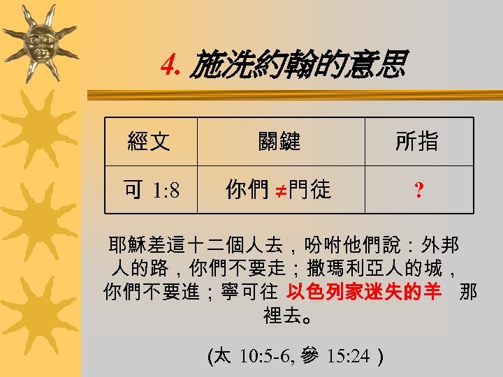 4. 施洗約翰的意思 經文 關鍵 所指 可 1: 8 你們 ≠門徒 ? 耶穌差這十二個人去，吩咐他們說：外邦 人的路，你們不要走；撒瑪利亞人的城， 你們不要進；寧可往