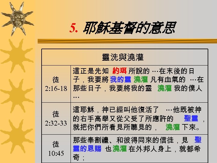 5. 耶穌基督的意思 靈洗與澆灌 這正是先知 約珥 所說的 …在末後的日 子，我要將 我的靈 澆灌 凡有血氣的 …在 徒 2: