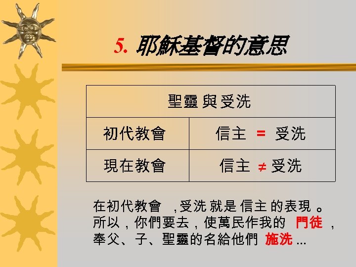 5. 耶穌基督的意思 聖靈 與 受洗 初代教會 信主 ＝ 受洗 現在教會 信主 ≠ 受洗 在初代教會
