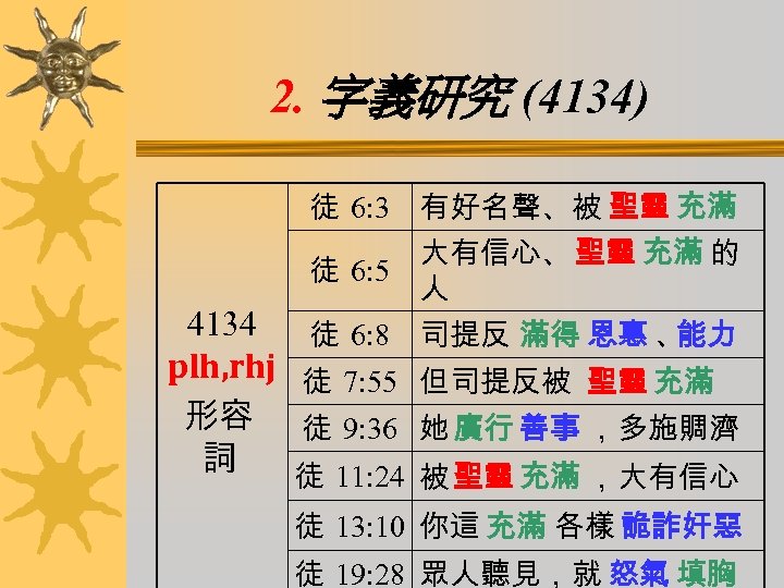 2. 字義研究 (4134) 徒 6: 3 有好名聲、被 聖靈 充滿 大有信心、 聖靈 充滿 的 徒