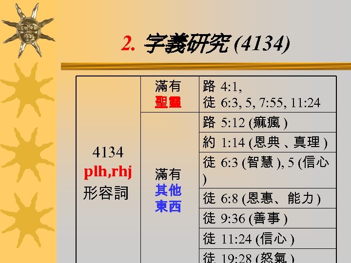 2. 字義研究 (4134) 滿有 聖靈 4134 plh, rhj 形容詞 滿有 其他 東西 路 徒