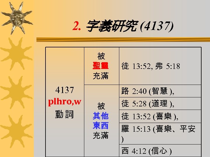 2. 字義研究 (4137) 被 聖靈 充滿 4137 plhro, w 動詞 徒 13: 52, 弗