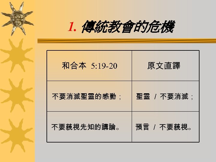 1. 傳統教會的危機 和合本 5: 19 -20 原文直譯 不要消滅聖靈的感動； 聖靈 ／ 不要消滅； 不要藐視先知的講論。 預言 ／