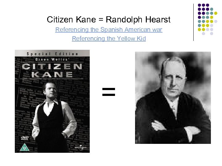 Citizen Kane = Randolph Hearst Referencing the Spanish American war Referencing the Yellow Kid