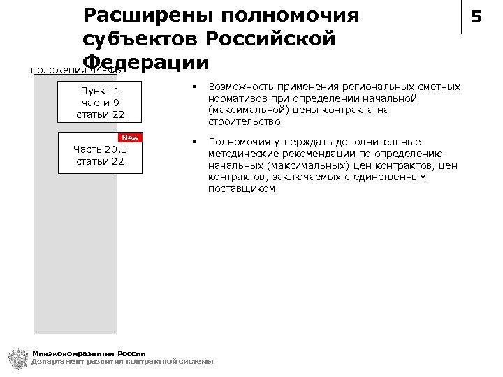 Расширены полномочия субъектов Российской Федерации положения 44 -ФЗ Пункт 1 части 9 статьи 22