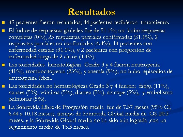 Resultados n n n 45 pacientes fueron reclutados; 44 pacientes recibieron tratamiento. El índice