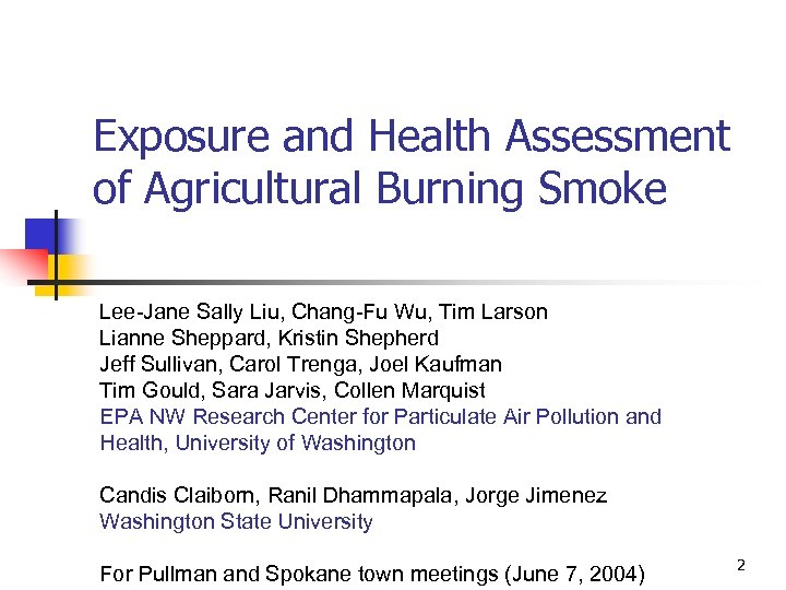 Exposure and Health Assessment of Agricultural Burning Smoke Lee-Jane Sally Liu, Chang-Fu Wu, Tim