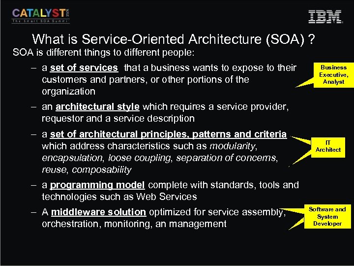 What is Service-Oriented Architecture (SOA) ? SOA is different things to different people: –