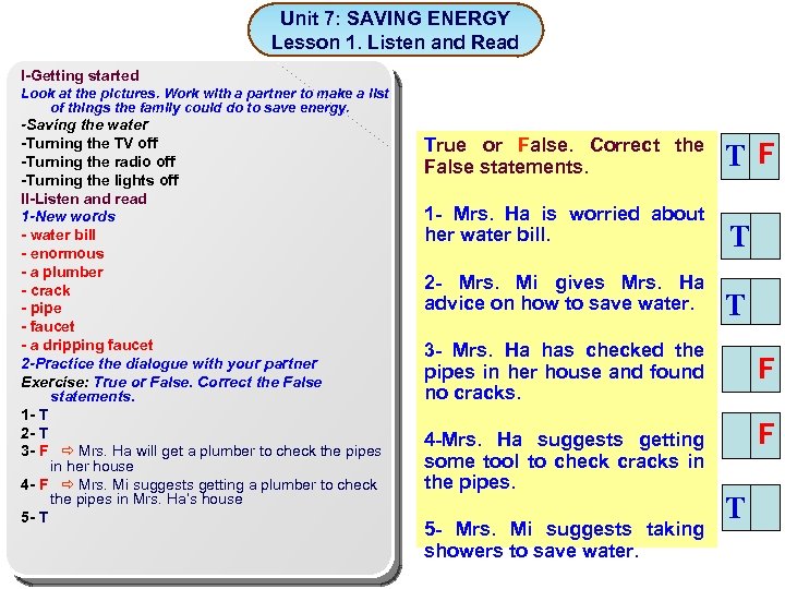 Unit 7: SAVING ENERGY Lesson 1. Listen and Read I-Getting started Look at the