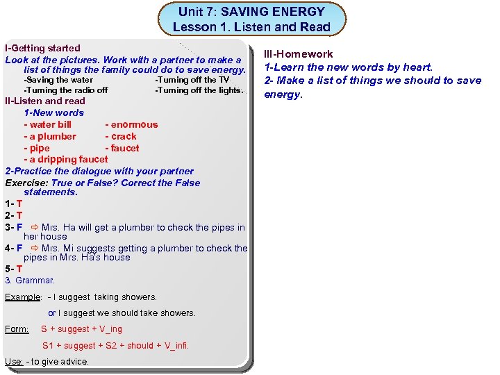 Unit 7: SAVING ENERGY Lesson 1. Listen and Read I-Getting started Look at the