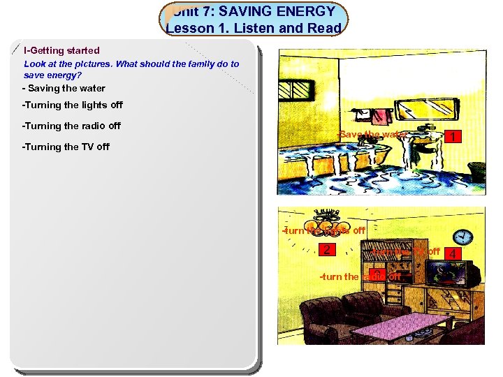 Unit 7: SAVING ENERGY Lesson 1. Listen and Read I-Getting started Look at the