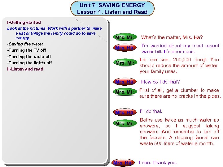 Unit 7: SAVING ENERGY Lesson 1. Listen and Read I-Getting started Look at the