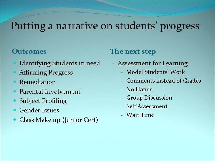 Putting a narrative on students’ progress Outcomes Identifying Students in need Affirming Progress Remediation
