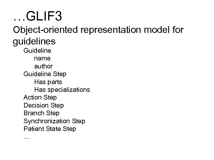 …GLIF 3 Object-oriented representation model for guidelines Guideline name author Guideline Step Has parts