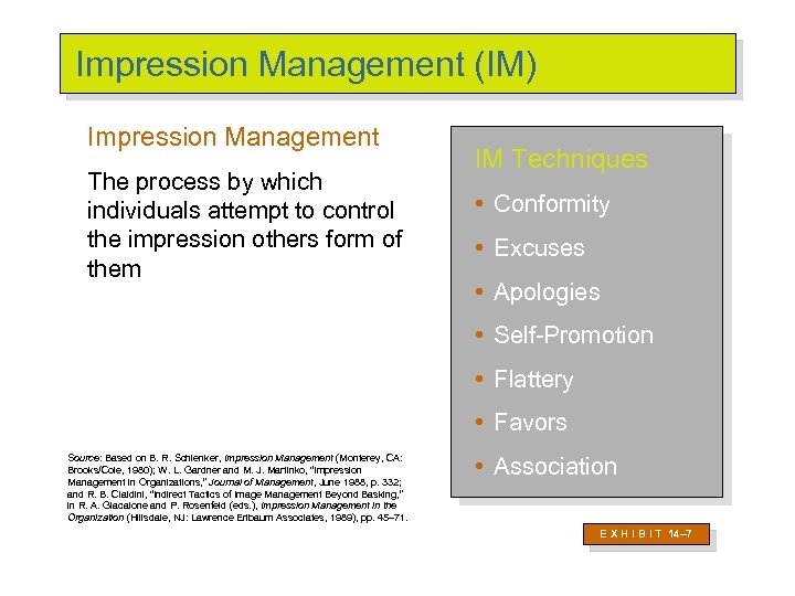 Impression Management (IM) Impression Management The process by which individuals attempt to control the