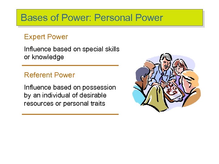 Bases of Power: Personal Power Expert Power Influence based on special skills or knowledge