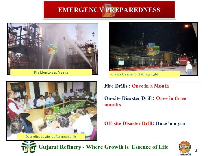 EMERGENCY PREPAREDNESS Fire Monitors at fire site On-site Disaster Drill during night Fire Drills