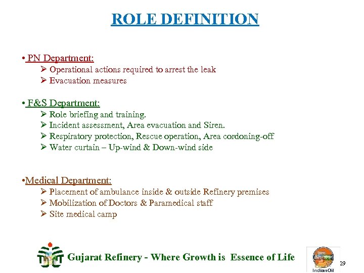 ROLE DEFINITION • PN Department: Ø Operational actions required to arrest the leak Ø