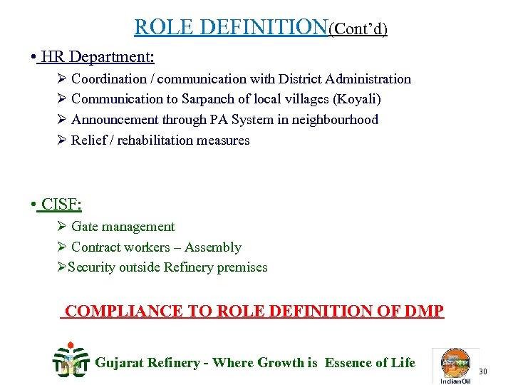 ROLE DEFINITION(Cont’d) • HR Department: Ø Coordination / communication with District Administration Ø Communication