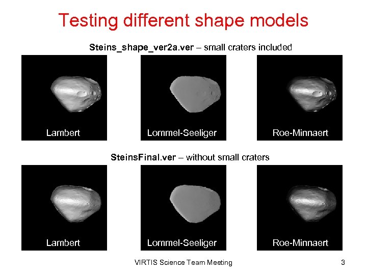 Testing different shape models Steins_shape_ver 2 a. ver – small craters included Lambert Lommel-Seeliger