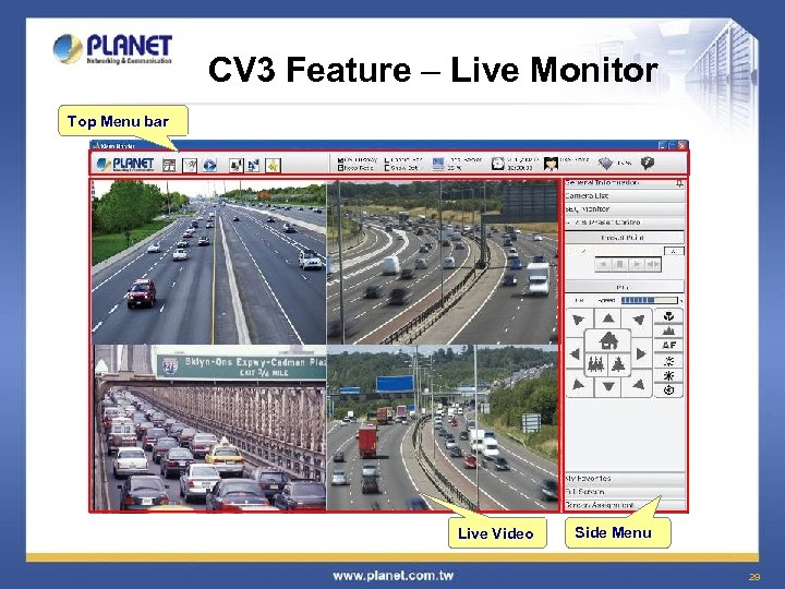 CV 3 Feature – Live Monitor Top Menu bar Live Video Side Menu 29